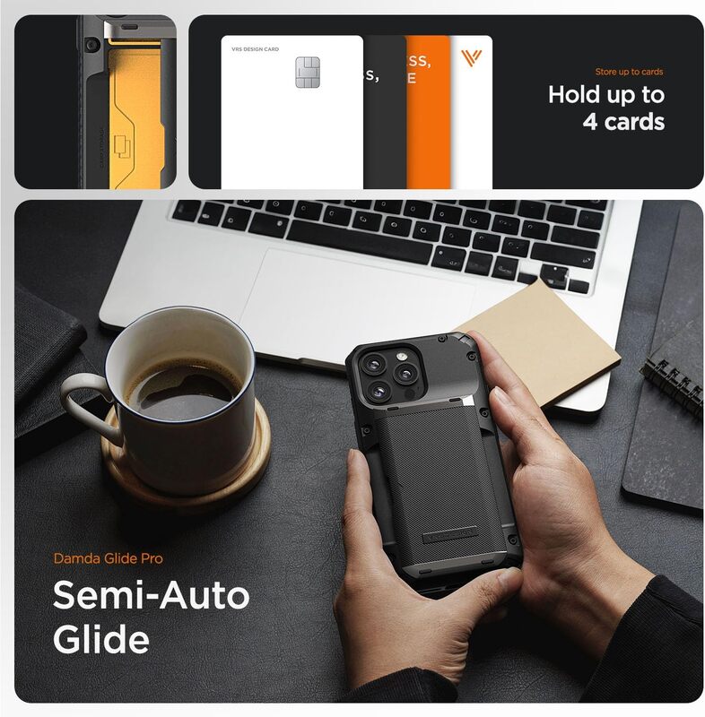 VRS Design Damda Glide Pro for iPhone 15 PRO Case Cover Wallet (Semi Automatic) Slider Credit Card Holder Slot (4 Cards) - Black Groove